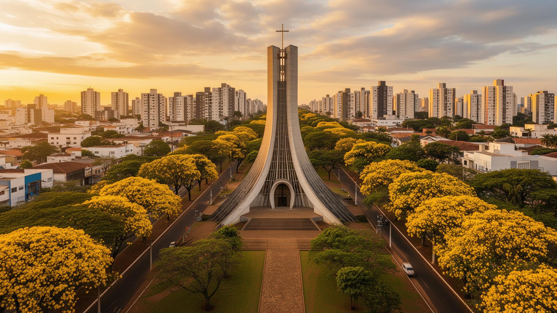Catedral de Maringá ao entardecer com ipês amarelos floridos
